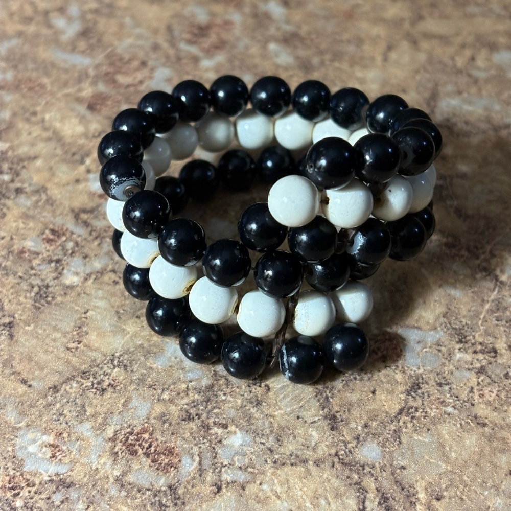 Vintage 3 Strand Black White Beaded Adjustable Cuff Bracelet